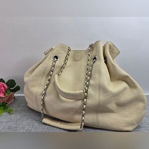 SOPRANO Beige/Cream Soft Leather Satchel Purse Chain Hand Bag Purse Size Large